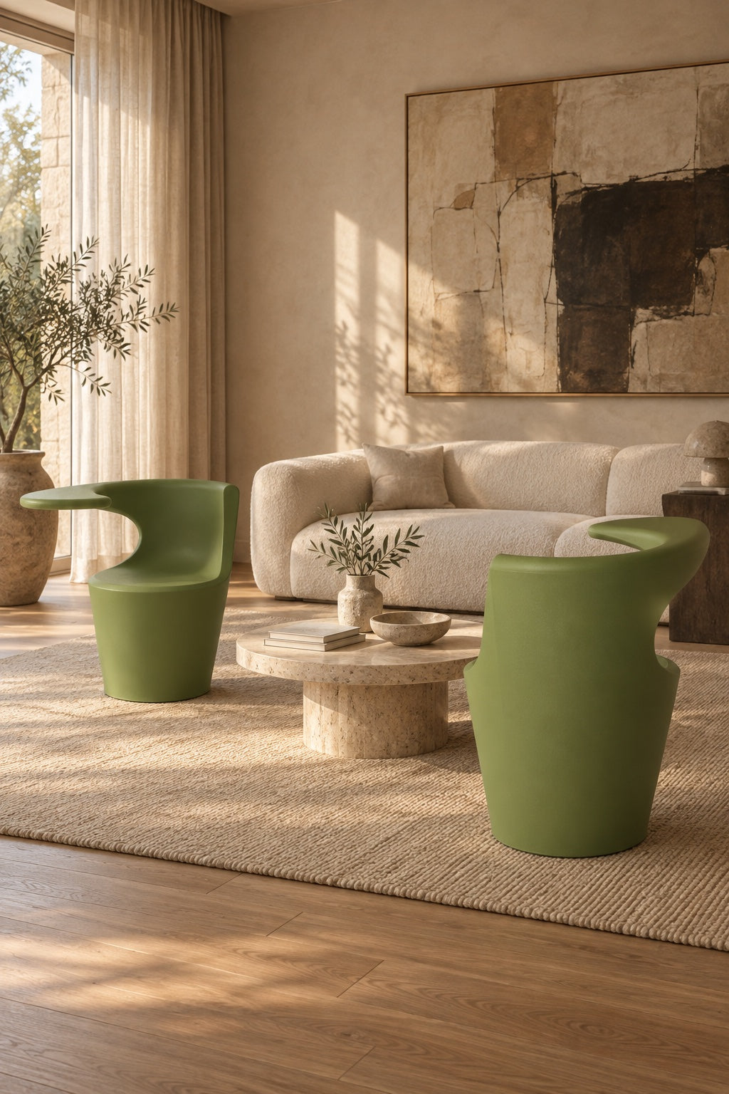 Twee Divina's in Sage Green rond een ronde travertin salontafel in een lichte woonkamer (sfeerimpressie)